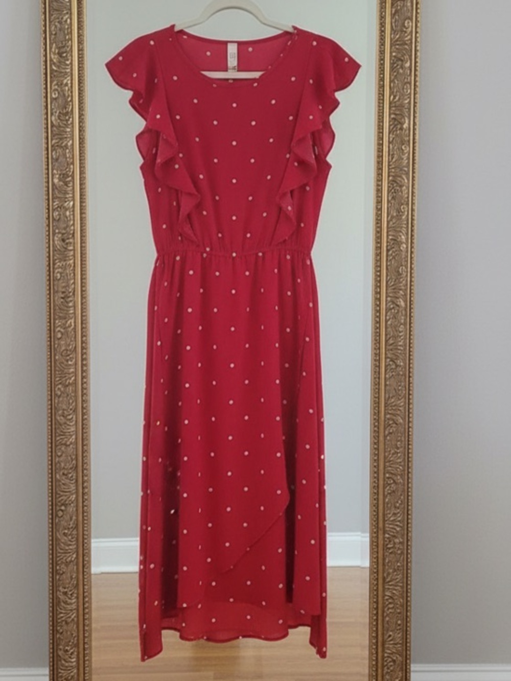Red Polka Dot Ruffle Midi Dress - Women's Effortless Day-to-Evening Style - Picture 3 of 14